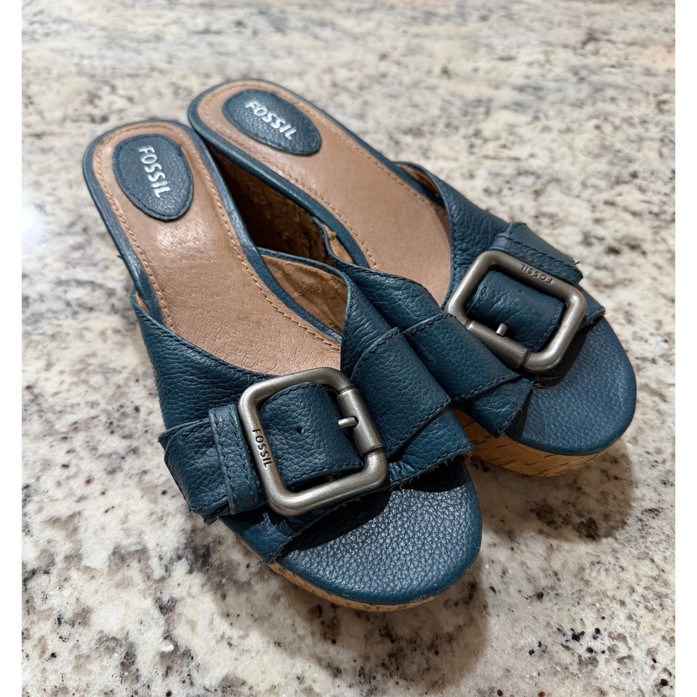 Fossil Blue Pebbled Leather Cork Wedge Sandals Buckle Slide FFW4214470 Size 8